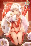  1girl absurdres altera_(fate) altera_the_santa bangs bare_shoulders bikini blush board_game boots bow candy candy_cane choker christmas dark_skin detached_sleeves earmuffs eyebrows_visible_through_hair fate/grand_order fate_(series) fireplace food forehead_jewel full_body gift_bag gloves go highres looking_at_viewer mittens navel one_eye_closed red_bikini red_choker red_eyes red_footwear sheep short_hair sitting solo sunhyun swimsuit tattoo veil wariza white_bow white_gloves white_hair 