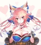  1girl animal_ears bangs bare_shoulders blue_kimono breasts fate/extella fate/extra fate/grand_order fate_(series) finger_to_mouth fox_ears hair_between_eyes hand_on_own_chest heart heart_background japanese_clothes kimono large_breasts long_hair long_sleeves looking_at_viewer orange_eyes pink_background pink_hair shushing smile tamamo_(fate)_(all) tamamo_no_mae_(fate) tanaka_ken&#039;ichi upper_body wide_sleeves 