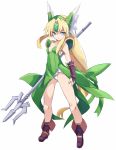  1girl blonde_hair blue_eyes boots bow breasts bridal_gauntlets covered_navel dress eyebrows_visible_through_hair full_body green_bow green_dress hair_bow highres holding holding_spear holding_weapon karukan_(monjya) legs_apart long_hair looking_at_viewer low-tied_long_hair open_mouth panties pauldrons polearm purple_footwear riesz seiken_densetsu seiken_densetsu_3 simple_background small_breasts solo spear standing underwear v-shaped_eyebrows very_long_hair weapon white_background white_panties 