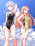  2girls braid breasts clouds competition_swimsuit green_eyes hong_meiling izayoi_sakuya jack_(wkm74959) large_breasts long_hair multiple_girls one-piece_swimsuit pose red_eyes redhead short_hair silver_hair sky standing swimsuit touhou water 