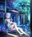  1girl barefoot blue_eyes blue_hair bottle dress frilled_dress frills full_body grey_dress hair_between_eyes hair_ribbon hand_on_own_knee hatsune_miku headphones highres holding holding_bottle long_hair looking_up outdoors ramune red_ribbon ribbon short_dress sleeveless sleeveless_dress smile soaking_feet solo twintails utatanecocoa very_long_hair vocaloid younger 