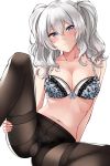  1girl absurdres arm_support aslindsamure bikini black_legwear blue_eyes blush bra breasts cleavage closed_mouth collarbone hair_between_eyes hand_on_own_thigh head_tilt highres kantai_collection kashima_(kantai_collection) knee_up large_breasts lingerie long_hair looking_at_viewer multicolored multicolored_bra multicolored_clothes multicolored_hair navel paid_reward panties panties_under_pantyhose pantyhose patreon_reward sidelocks silver_hair simple_background sitting smile solo spread_legs stomach swimsuit thighband_pantyhose tsurime twintails underwear wavy_hair white_background 