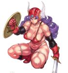  1girl armor bare_shoulders bikini bikini_armor black_legwear blue_eyes boots breasts cleavage clenched_hand closed_mouth collarbone commentary_request curly_hair detached_sleeves dragon_quest dragon_quest_iii elbow_gloves full_body gloves grey_choker hair_between_eyes helmet holding holding_shield holding_sword holding_weapon knee_boots kneehighs large_breasts loincloth long_hair looking_at_viewer muscle muscular_female navel number purple_hair red_armor red_bikini red_footwear red_gloves shield shu-mai simple_background smile soldier_(dq3) solo squatting swimsuit sword thick_thighs thigh_strap thighs tsurime v-shaped_eyebrows warrior weapon white_background winged_helmet 