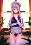 1girl absurdres apron azur_lane bangs bare_shoulders belfast_(azur_lane) blush braid breasts chains closed_mouth collar collarbone elbow_gloves eyebrows_visible_through_hair gloves highres kotatsu_(kotatsu358) large_breasts long_hair looking_at_viewer maid one-piece_swimsuit purple_hair solo swimsuit violet_eyes waist_apron white_legwear 