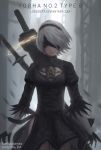  1girl absurdres arms_at_sides artist_name black_blindfold black_dress black_gloves black_hairband blindfold breasts cleavage cleavage_cutout closed_mouth covered_eyes deviantart_username dress facing_viewer feather-trimmed_sleeves gloves grey_hair hairband highres juliet_sleeves lips long_sleeves medium_breasts nier_(series) nier_automata puffy_sleeves short_hair solo sword turtleneck_dress vambraces watermark weapon web_address yorha_no._2_type_b zienu 
