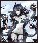  1girl against_glass ahoge black_hair blush bodypaint border breasts breasts_apart commentary commission cyclops english_commentary extra_eyes eyebrows_visible_through_hair gazer_(monster_girl_encyclopedia) gluteal_fold grey_skin grin heart highres index_finger_raised long_hair looking_at_viewer messy_hair monster_girl monster_girl_encyclopedia navel nude one-eyed painted_clothes red_eyes sharp_teeth simple_background slime small_breasts smile solo stomach tail teeth tentacle thigh_gap twrlare yellow_sclera 