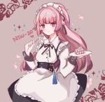  1girl apron bangs black_ribbon blunt_bangs blush cake chewing dress food fork girls_frontline hair_ribbon highres holding holding_fork holding_plate long_hair long_sleeves maid maid_apron maid_headdress night1122 ntw-20_(girls_frontline) pink_eyes pink_hair plate ribbon simple_background solo 