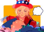  ... 1boy alternate_costume american_flag_hat closed_mouth cotton_candy fate/apocrypha fate/grand_order fate_(series) hat karna_(fate) male_focus orange_background simple_background solo spoken_ellipsis stuffed_toy top_hat white_hair white_skin 