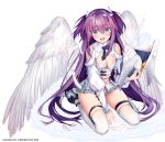  1girl blue_eyes blush book breasts cleavage eyebrows_visible_through_hair feathered_wings kneeling long_hair looking_at_viewer medium_breasts obiwan open_book open_mouth original purple_hair solo thigh-highs very_long_hair white_background wings 