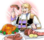  +_+ 1boy blonde_hair blue_eyes chicken_(food) commentary_request facial_hair fate/grand_order fate_(series) food fork goldorf_musik holding holding_fork long_sleeves mgk968 mustache open_mouth plate saliva sausage short_hair solo sparkle_background steak tomato 