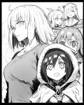  6+girls @_@ ahoge brynhildr_(fate) closed_eyes commentary fate/grand_order fate_(series) greyscale hair_between_eyes hair_over_one_eye head_wings hildr_(fate/grand_order) hood jeanne_d&#039;arc_(alter)_(fate) jeanne_d&#039;arc_(fate) jeanne_d&#039;arc_(fate)_(all) jeanne_d&#039;arc_alter_santa_lily long_hair monochrome multiple_girls multiple_persona open_mouth ortlinde_(fate/grand_order) short_hair smile syatey thrud_(fate/grand_order) upper_body valkyrie_(fate/grand_order) 