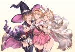  3girls animal_ears bangs blonde_hair blush boots breasts brown_eyes bunny_tail collarbone commentary_request djeeta_(granblue_fantasy) dress elbow_gloves eyebrows_visible_through_hair flower gauntlets gloves granblue_fantasy hair_flower hair_ornament hairband hat highres leotard looking_at_viewer medium_breasts milli_little multiple_girls open_mouth pink_dress puffy_sleeves rabbit_ears short_dess short_hair short_sleeves signature simple_background skirt smile tail thigh-highs thigh_boots white_gloves white_leotard witch_hat wrist_cuffs zettai_ryouiki 