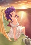  1girl absurdres artist_name aztodeus bare_shoulders closed_mouth clouds commentary dragon_girl dragon_wings dress dusk english_commentary fire_emblem fire_emblem:_seima_no_kouseki fire_emblem_heroes highres holding holding_hair looking_back mountain mountainous_horizon multi-tied_hair myrrh ocean pink_eyes purple_hair red_eyes short_hair sitting sky solo sun sunset twintails water white_dress wings 