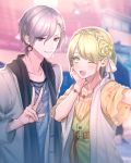  2boys ;d black_scarf blurry blurry_background bracelet braid character_request collarbone comfey earrings green_eyes hair_between_eyes hair_ornament hairclip hand_up highres jacket jewelry looking_at_viewer male_focus moe_(hamhamham) multiple_boys necklace one_eye_closed open_mouth outdoors personification pokemon scarf self_shot shirt short_sleeves smile t-shirt v vest violet_eyes 