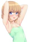  1girl :d armpits arms_behind_head bangs bare_arms bare_shoulders blonde_hair blue_eyes camisole casual commentary_request covered_navel eyebrows_visible_through_hair fang flat_chest girls_und_panzer green_shirt itou_ayachi katyusha looking_at_viewer open_mouth revision shirt short_hair simple_background sleeveless smile solo spaghetti_strap standing sweat upper_body white_background 