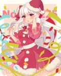  1girl :o bell black_eyes blush bow confetti delibird hair_bow hair_bun hands_up hat jingle_bell long_hair looking_at_viewer moe_(hamhamham) personification pink_background pokemon puffy_sleeves red_bow red_hat santa_hat see-through silver_hair solo standing streamers very_long_hair 