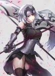  1girl absurdres ahoge armor armored_dress banner black_dress black_legwear dress fate/grand_order fate_(series) gauntlets grey_background highres holding holding_sword holding_weapon jeanne_d&#039;arc_(alter)_(fate) jeanne_d&#039;arc_(fate)_(all) open_mouth short_hair silver_hair simple_background sleeveless sleeveless_dress solo sword thigh-highs weapon yellow_eyes 