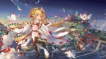  1girl animal_ears bandeau beads bird black_legwear brown_eyes brown_hair building chicken clouds commentary_request detached_sleeves feathers flat_chest floating_island flying granblue_fantasy hair_beads hair_ornament highres huanghyy loincloth long_hair mahira_(granblue_fantasy) midriff navel open_mouth outdoors outstretched_arms panties ponytail red_panties rope sandals showgirl_skirt sky thigh-highs underwear 