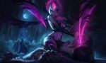  1girl absurdres armor bikini_armor breasts cleavage commentary crescent_moon death elbow_gloves english_commentary evelynn fiery_hair finger_to_mouth fingernails gloves glowing glowing_eyes grey_skin hair_between_eyes highres jessica_oyhenart knight large_breasts league_of_legends moon naughty_face navel night official_art purple_hair sharp_fingernails sitting sitting_on_person slit_pupils solo_focus spiky_hair white_hair wings yellow_eyes 