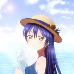  1girl bangs bare_shoulders blue_hair commentary_request day from_side hair_between_eyes hat kazuma_(theworld000021) long_hair looking_at_viewer love_live! love_live!_school_idol_festival love_live!_school_idol_project ocean smile solo sonoda_umi upper_body 