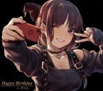  1girl ;d animal arm_up bangs bare_shoulders bird black_background black_shirt breasts brown_eyes brown_hair cellphone cleavage collarbone commentary_request de_da_xianyu eyebrows_visible_through_hair grin happy_birthday head_tilt holding holding_cellphone holding_phone long_sleeves looking_at_viewer medium_breasts off-shoulder_shirt one_eye_closed open_mouth original phone self_shot shirt simple_background smile solo translated v 