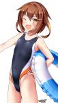  1girl artist_name black_swimsuit blush brown_eyes brown_hair collarbone competition_swimsuit covered_navel dated eyebrows_visible_through_hair fang flat_chest hair_ornament hairclip highres ikazuchi_(kantai_collection) innertube kantai_collection looking_at_viewer one-piece_swimsuit one_eye_closed open_mouth short_hair simple_background smile solo standing swimsuit tsuchimiya white_background 