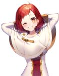  1girl absurdres ahoge arms_behind_head brown_eyes capelet dress earrings grin head_tilt highres jewelry looking_at_viewer momoshiki_tsubaki one_eye_closed redhead simple_background smile solo standing upper_body white_background white_capelet white_dress 