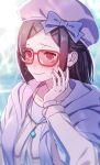  1girl @_@ bat_earrings black_hair blush character_request fate/grand_order fate_(series) hair_ornament hairclip hand_up hat highres jewelry long_hair moe_(hamhamham) necklace pink_eyes purple_hat red-framed_eyewear smile solo sweatdrop upper_body 