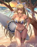  1girl armlet bangs bare_shoulders beach bikini blonde_hair blue_eyes breasts circlet cleavage commentary_request cuboon dusk eyebrows_visible_through_hair feathers jewelry large_breasts long_hair lost_crusade navel necklace ocean official_art open_mouth original ribbon sand sidelocks striped striped_bikini striped_ribbon sun sunset surfboard swimsuit thigh_strap tree very_long_hair water waves 