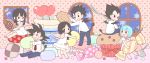  3boys 3girls :d alternate_costume angel_wings bangs black_eyes black_hair blue_hair blush bulma candy chi-chi_(dragon_ball) chibi chocolate cookie couple demon_tail demon_wings dragon_ball dragonball_z dress father_and_son food frown heart_lollipop hershey&#039;s_kisses hetero indoors jar kanekiyo_miwa lollipop looking_at_another looking_back looking_up macaron mother_and_son muffin multiple_boys multiple_girls mushroom necktie night no_pupils open_mouth pink_wings puffy_sleeves ribbon serious shirt short_hair sitting sleeveless sleeveless_dress smile snow snowflakes son_gohan son_gokuu spiky_hair spoon standing tail twintails vegeta videl white_dress white_shirt window wings winter 