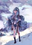  1girl absurdres android bandage bandaged_leg bandaged_neck bandages bangs blood blood_bag blood_on_face blue_dress blue_eyes boots clouds cloudy_sky double-breasted dress eyebrows_visible_through_hair footprints girls_frontline gun hair_between_eyes hands_up highres injury intravenous_drip long_hair mountain ribeyrolles_1918_(girls_frontline) rifle shan silver_hair sky snowing solo tassel very_long_hair wavy_hair weapon 