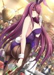  1girl 2boys alcohol animal_ears ass black_hair bottle breasts bunny_girl bunny_tail bunnysuit fate/grand_order fate_(series) from_behind hellandheaven highres large_breasts leotard long_hair multiple_boys open_mouth pantyhose purple_hair rabbit_ears red_eyes scathach_(fate/grand_order) sideboob standing strapless strapless_leotard tail wine wine_bottle 