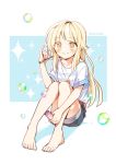  1girl bang_dream! bangs barefoot blonde_hair bottle bubble bubble_pipe dolttagpul_(glue_dream) eyebrows_visible_through_hair holding holding_bottle jewelry knees_up long_hair looking_at_viewer pendant pinky_out short_sleeves shorts sitting smile solo sparkle tsurumaki_kokoro twitter_username yellow_eyes 