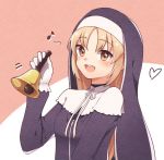  1girl bangs blonde_hair blush brown_eyes eighth_note frilled_gloves frills gloves habit long_hair long_sleeves looking_at_viewer musical_note nijisanji nun open_mouth parted_bangs sister_cleaire smile virtual_youtuber white_gloves 