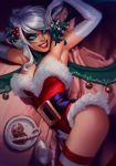  1girl armpits bangs blue_eyes breasts candy candy_cane chocolate_chip_cookie christmas cleavage commentary cookie detached_collar elbow_gloves english_commentary evelynn fangs food fur_trim gloves hair_ornament highres holly_hair_ornament humanization jessica_oyhenart large_breasts league_of_legends lipstick looking_at_viewer lying makeup mistletoe naughty_face on_back pun santa_costume silver_hair slit_pupils solo striped striped_legwear swept_bangs thigh-highs white_gloves 