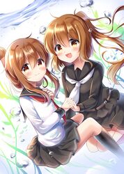  2girls belt blush brown_eyes brown_hair bubble commentary_request folded_ponytail fumizuki_(kantai_collection) hand_holding highres inazuma_(kantai_collection) kantai_collection kneeling long_hair looking_at_viewer megu_kaze multiple_girls open_mouth school_uniform 