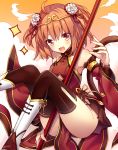  1girl :d ahoge black_legwear brown_eyes brown_hair circlet detached_sleeves dress fate/grand_order fate_(series) fujimaru_ritsuka_(female) looking_at_viewer monkey_tail open_mouth red_dress shoes short_hair smile solo tail thigh-highs white_footwear wide_sleeves yimu 