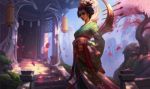  1girl alternate_costume breasts cherry_blossoms collaboration comb commentary dappled_sunlight english_commentary eyeshadow full_body hair_ornament hair_stick highres japanese_clothes japanese_house jem_flores jessica_oyhenart karma_(league_of_legends) kimono league_of_legends light_smile lipstick looking_at_viewer makeup medium_breasts nose obi official_art petals sakura_karma sash solo sunlight updo 