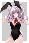  1girl animal_ears blush breasts bunny_girl bunnysuit fake_animal_ears grey_background grey_hair kantai_collection kashima_(kantai_collection) long_hair looking_at_viewer medium_breasts open_mouth rabbit_ears simple_background solo violet_eyes yumesato_makura 