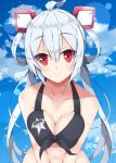  1girl ahoge bangs bare_arms bare_shoulders bikini black_bikini blue_sky blush breasts cleavage closed_mouth clouds cloudy_sky collarbone commentary_request day eyebrows_visible_through_hair front-tie_bikini front-tie_top hair_between_eyes hair_rings head_tilt headgear leaning_forward long_hair looking_at_viewer matoi_(pso2) medium_breasts milkpanda outdoors phantasy_star phantasy_star_online_2 red_eyes silver_hair sky smile solo swimsuit twintails very_long_hair wet 
