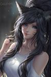  1girl ahri animal_ears black_hair breasts chuby_mi closed_mouth facial_mark fox_ears highres holding holding_hair league_of_legends light_blue_eyes long_hair looking_at_viewer shirt solo white_shirt 