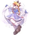  1girl bangs blonde_hair blue_capelet blue_gloves boba braid capelet child commentary_request dress fang full_body gloves hair_between_eyes hat houshin_engi ko_kibi long_hair open_mouth shawl shoes sidelocks simple_background smile solo star violet_eyes white_background white_wings wings 