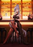  1girl bar_stool bare_shoulders black_dress blurry blurry_background bottle breasts choker cleavage closed_mouth collarbone cup dress drinking_glass eyebrows_visible_through_hair garter_straps hair_ornament hairclip high_heels highres indoors kengzeta large_breasts long_hair looking_at_viewer original red_eyes silver_hair sitting smile solo stool thigh-highs very_long_hair wine_bottle wine_glass 