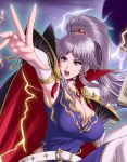  1girl armpits belt black_cape black_choker book boots breasts bridal_gauntlets cape casting_spell choker cleavage collar commentary cross cross_earrings dress earrings elbow_gloves eyelashes fire_emblem fire_emblem:_seisen_no_keifu gloves high_collar holding holding_book ishtar_(fire_emblem) jewelry large_breasts lavender_hair leg_up lips long_hair necklace pauldrons ponytail purple_dress rakusai_(saisai_garou) serious sidelocks thigh-highs thigh_boots tsurime very_long_hair violet_eyes white_footwear white_gloves 