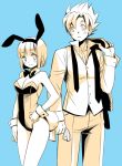  1boy 1girl alternate_costume animal_ears blue_background blush bulma bunnysuit cowboy_shot dragon_ball dragonball_z eyebrows_visible_through_hair formal jacket_over_shoulder kanekiyo_miwa long_sleeves looking_at_another necktie rabbit_ears short_hair simple_background smile son_gokuu super_saiyan upper_body 