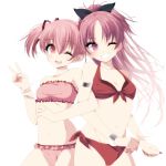  2girls ;d absurdres bikini black_bow bow bracelet breasts cleavage collarbone cowboy_shot eyebrows_visible_through_hair floating_hair grin hair_between_eyes hair_bow head_tilt high_ponytail highres jewelry kaname_madoka long_hair mahou_shoujo_madoka_magica misteor multiple_girls nail_polish navel one_eye_closed open_mouth pink_bikini pink_eyes pink_hair pink_nails polka_dot polka_dot_bikini red_bikini red_eyes red_nails sakura_kyouko simple_background small_breasts smile standing strapless strapless_bikini swimsuit twintails v very_long_hair white_background 