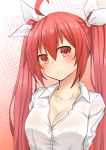  1girl ahoge alternate_breast_size arm_behind_back bangs blush breasts cleavage collarbone date_a_live dress_shirt eyebrows_visible_through_hair hair_between_eyes hair_ribbon head_tilt highres itsuka_kotori long_hair looking_at_viewer m_kong medium_breasts red_eyes redhead ribbon shirt solo twintails upper_body very_long_hair white_ribbon white_shirt 