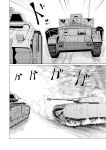  2koma absurdres bird comic commentary_request duck girls_und_panzer ground_vehicle highres military military_vehicle moku_x_moku monochrome motion_lines motor_vehicle tank translation_request 