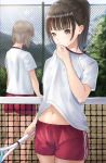  2girls :o absurdres bangs blue_sky blurry blurry_background blush brown_eyes brown_hair chain-link_fence clothes_sniffing commentary_request day depth_of_field eyebrows_visible_through_hair facing_away fence gym_shirt gym_shorts gym_uniform highres holding long_hair midriff_peek multiple_girls navel original outdoors parted_lips ponytail racket red_shorts shii_(kairi-t-k0317) shirt short_hair short_shorts short_sleeves shorts sky smelling sweat tennis_court tennis_net tennis_racket white_shirt 