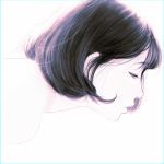 1girl black_eyes black_hair blue_bow bob_cut bow commentary_request from_side half-closed_eyes ilya_kuvshinov parted_lips portrait profile short_hair simple_background solo white_background 